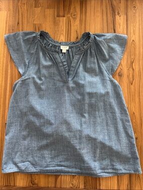 J. Crew Blue Chambray Ruffle Neck Women's Top Large